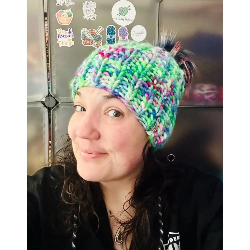 Hand Knit Merino Wool Beanie: DefiKnitly Tasteful Knit Hat with Faux Fur Pom